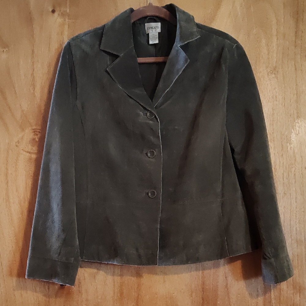 Chico's Palm Desert Suede Jacket Olive Green Button Front Tailored Preppy M/8
